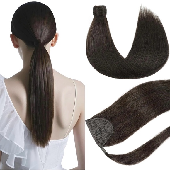 Dark Brown Remy Human Hair Wrap Around Ponytail 18 Inch Hair Extension - Picture 1 of 11